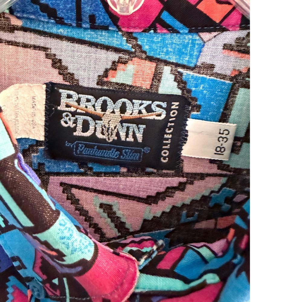 VTG Brooks & Dunn Panhandle Slim Shirt 18/35 Aztec Western Bright Blue Pink USA - Picture 6 of 9